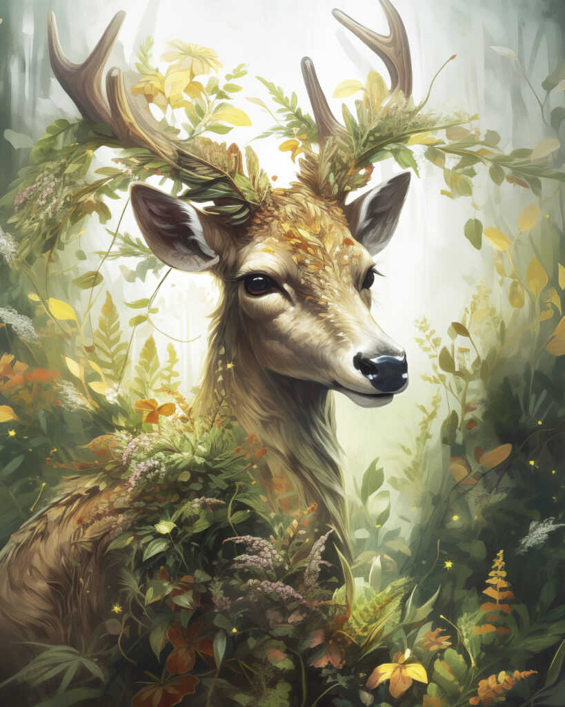 A majestic stag trapped in foliage that has begun to form part of his body in an enchanted forest.