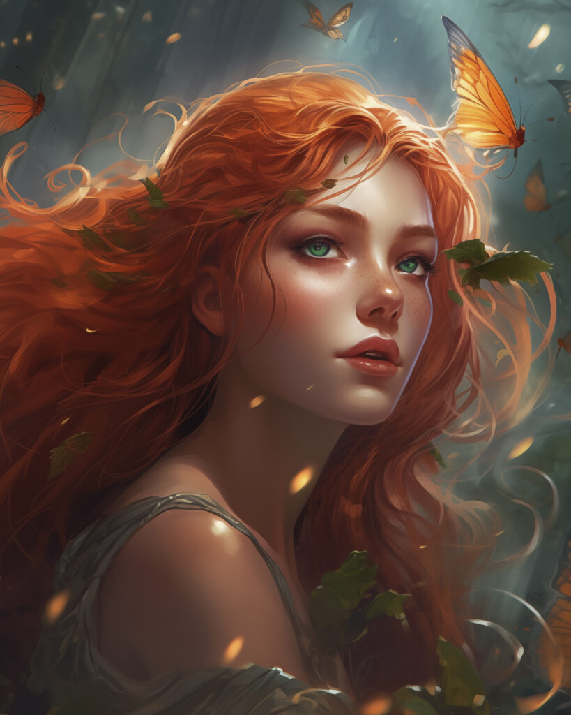 A red-haired fairy with green eyes in a mystical forest, surrounded by glowing orange butterflies and floating autumn leaves.