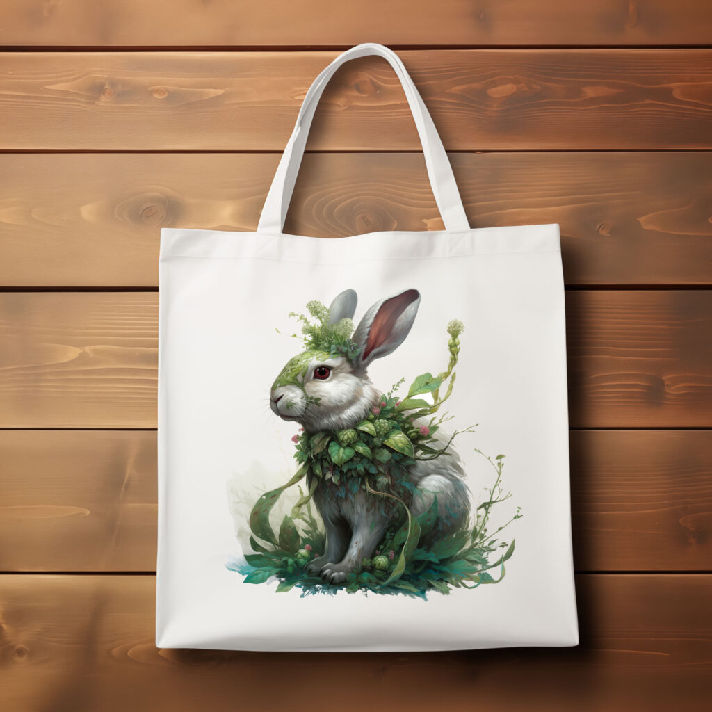 A white tote bag on a wooden table. The tote bag Is decorated with a white rabbit with foliage growing on and around it.