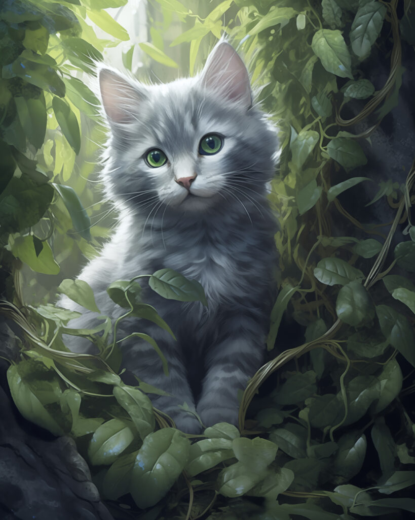 Adorable fluffy grey kitten with green eyes sitting among lush green vines, bathed in soft sunlight, in a magical forest setting.