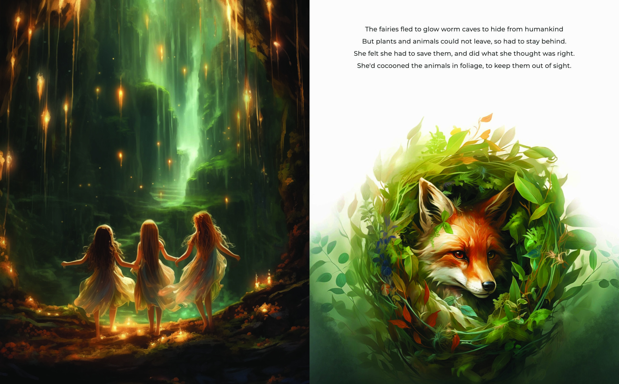 A double page-spread from Nashy Bear and Maple Moon's Enchanted Forest Adventure showing fairies in a glow worm cave and a fox tangled in vines.
