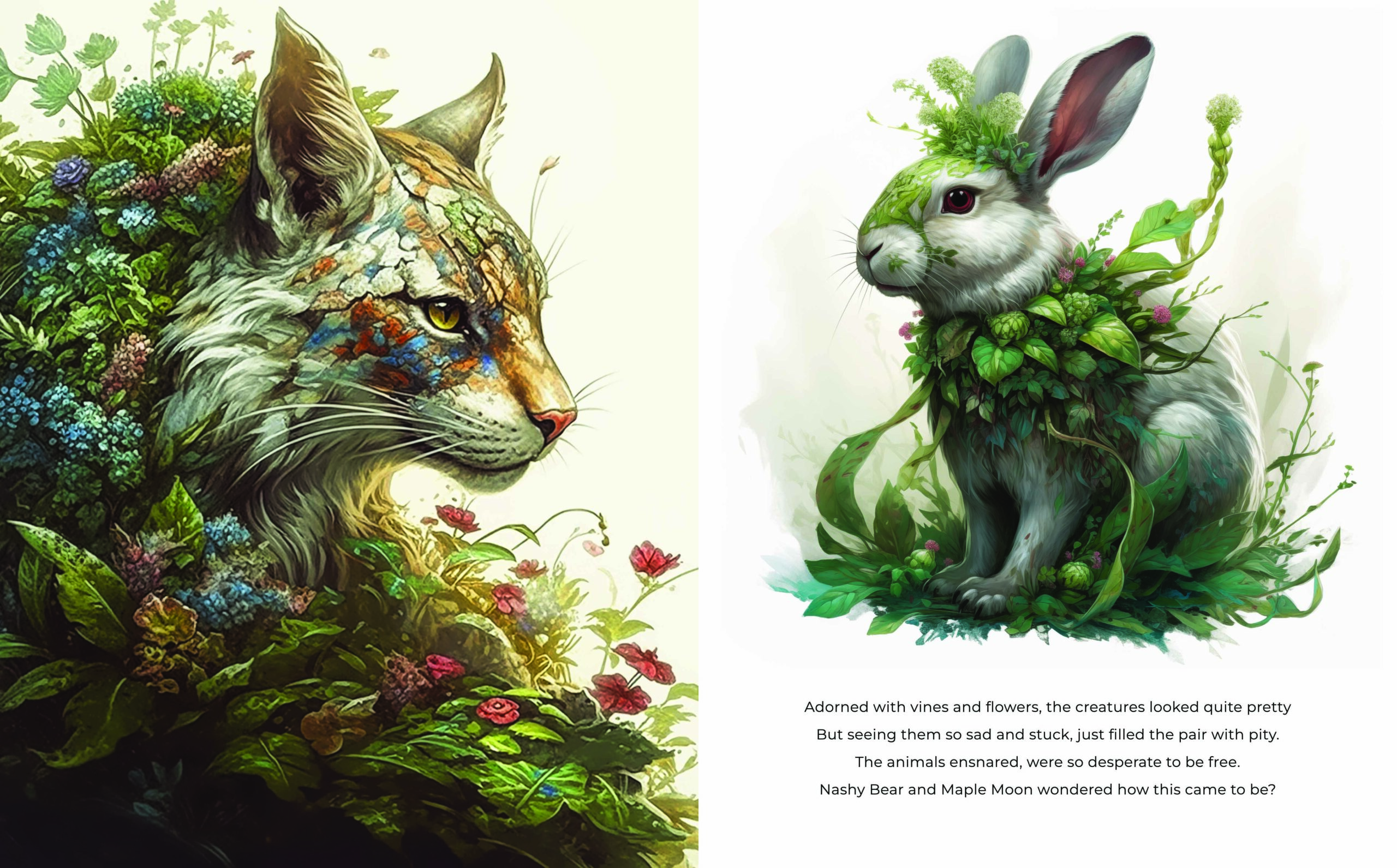 Double-page spread of Nashy Bear and Maple Moon's Enchanted Forest Adventure featuring a lynx and a bunny.